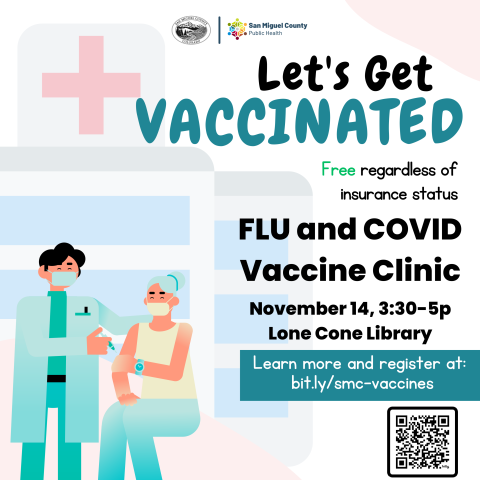 3. A busy clinic setting with healthcare workers providing flu and COVID vaccinations to community members for disease prevention.