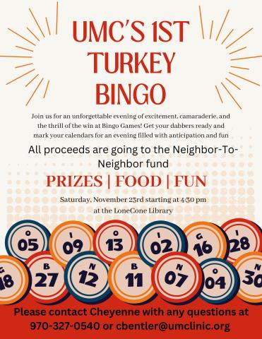 A colorful flyer advertising Turkey Bingo, featuring festive graphics and event details for participants to enjoy.